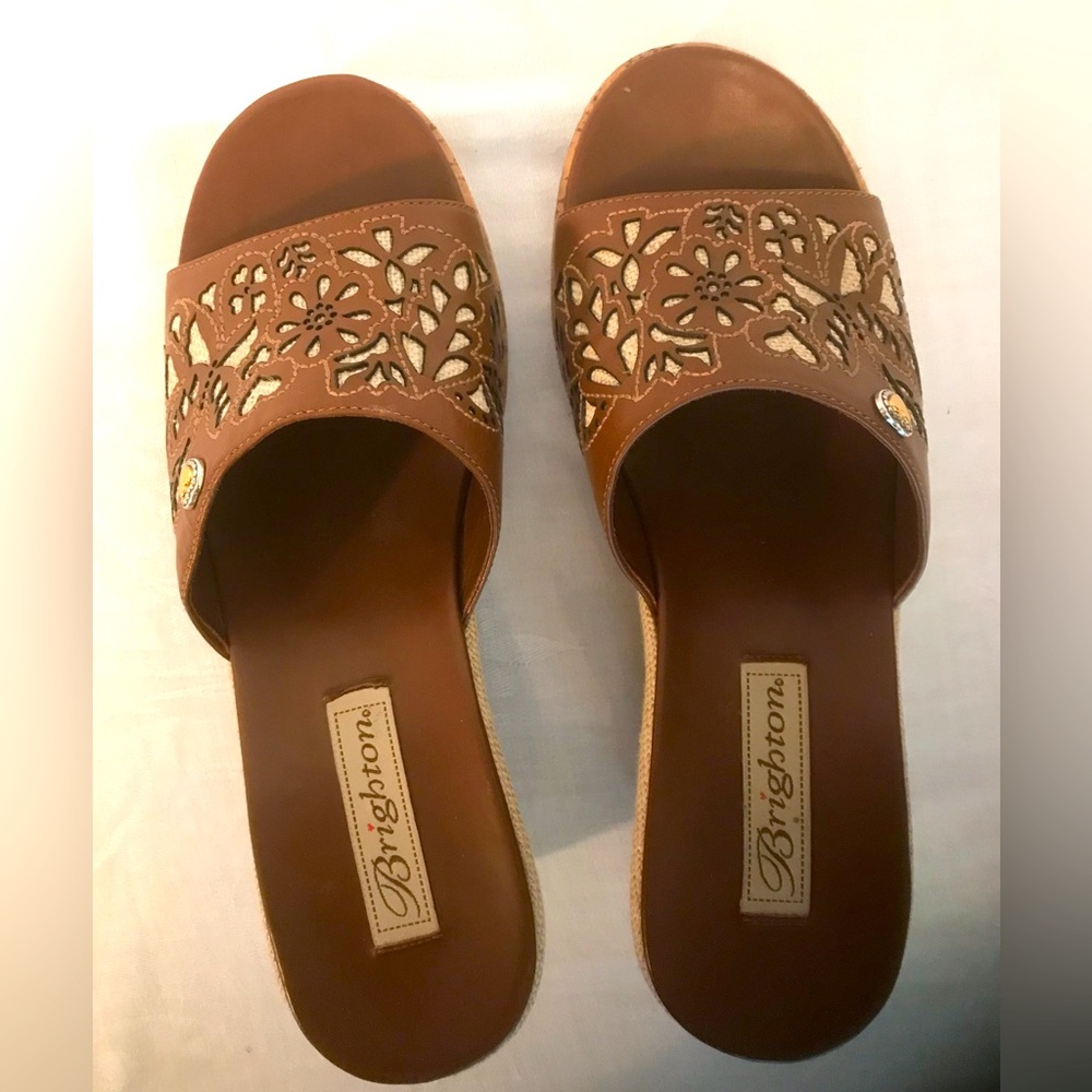 Brighton Moira Caramel Calf Leather with Natural Linen Wedge Sandals 7 1/2 Med - Picture 5 of 12